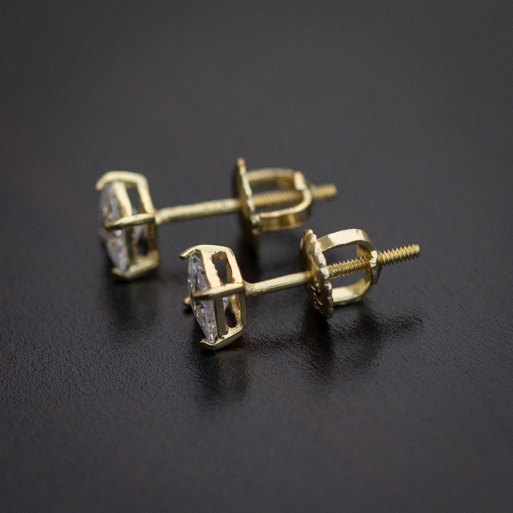 Small Gold Diamond Princess Cut Stud Earrings - Picture 3 of 3